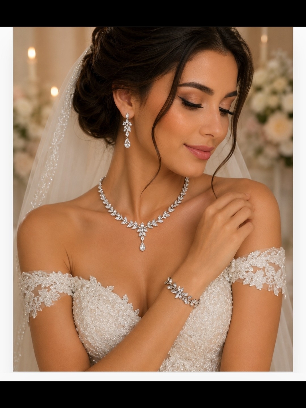 New Bridal Crystal Leaf Necklace, Earrings & Bracelet Set - White Gold Plated